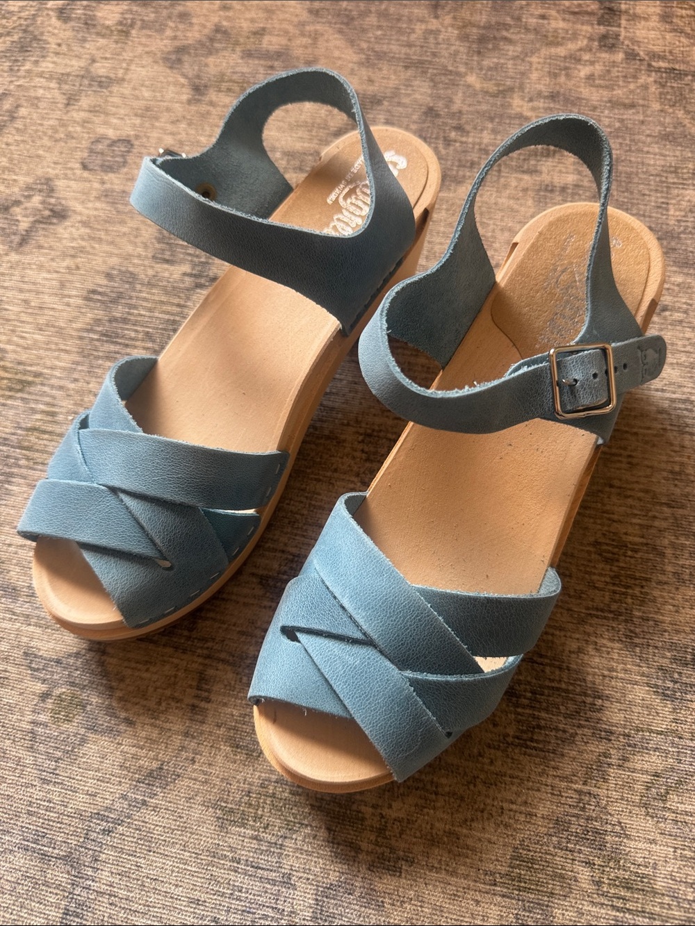 Sandgrens Rio Grande Sandal Clog Blue Women's 6 - 6.5 Leather Wooden Open Toe 37 - Picture 2 of 4